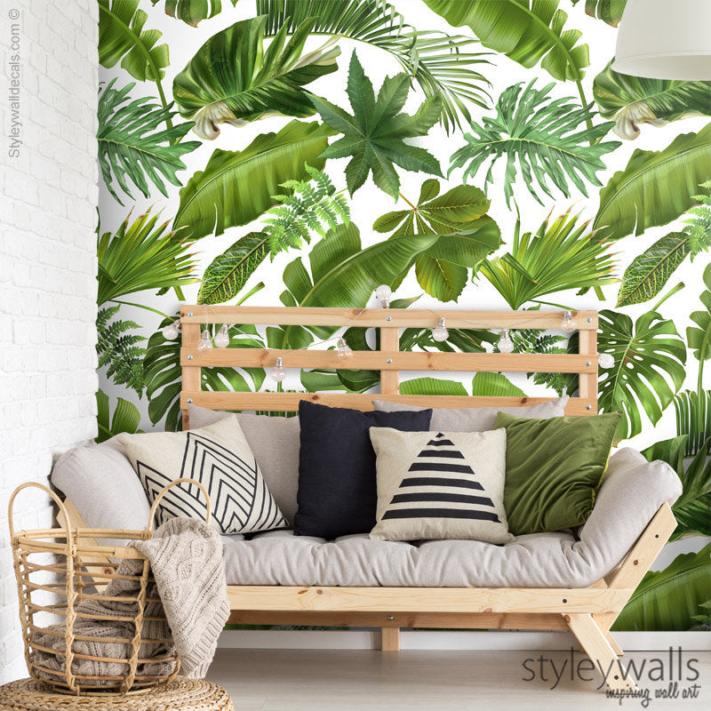 Palm Leaves Mural, Leaves Wallpaper, Tropical Leaves Wallpaper, Leaf Pattern Wallpaper, Green Tropical Repositionable Fabric Wallpaper