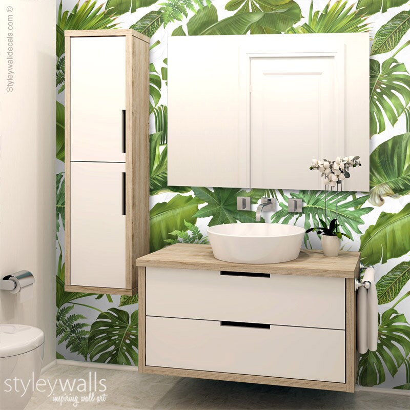 Palm Leaves Mural, Leaves Wallpaper, Tropical Leaves Wallpaper, Leaf Pattern Wallpaper, Green Tropical Repositionable Fabric Wallpaper
