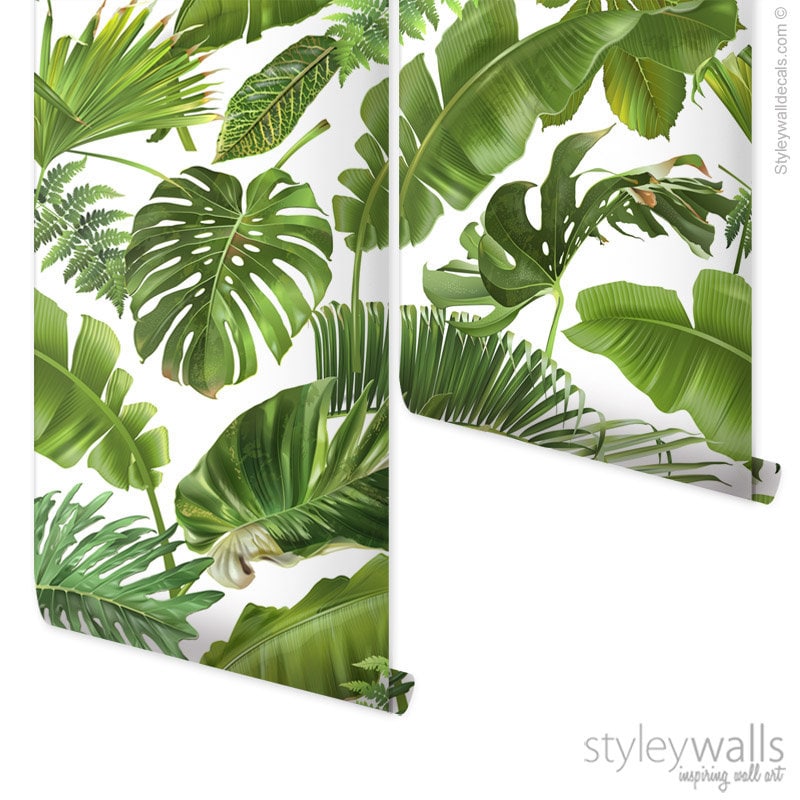 Palm Leaves Mural, Leaves Wallpaper, Tropical Leaves Wallpaper, Leaf Pattern Wallpaper, Green Tropical Repositionable Fabric Wallpaper