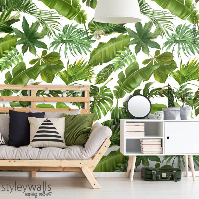 Palm Leaves Mural, Leaves Wallpaper, Tropical Leaves Wallpaper, Leaf Pattern Wallpaper, Green Tropical Repositionable Fabric Wallpaper