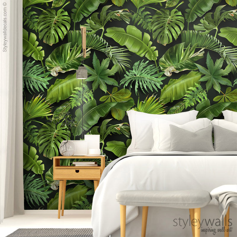 Tropical Leaves Wallpaper, Palm Leaves Wallpaper, Green Leaves Mural, Leaf Pattern Wallpaper, Tropical Repositionable Fabric Wallpaper