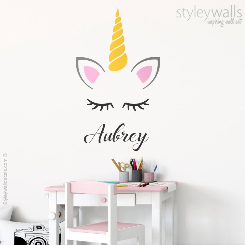 Unicorn Wall Decal, Unicorn Horn Wall Sticker, Personalized Wall Decal, Unicorn Head Wall Decal, Unicorn Pony Girls Room Decor Wall Art