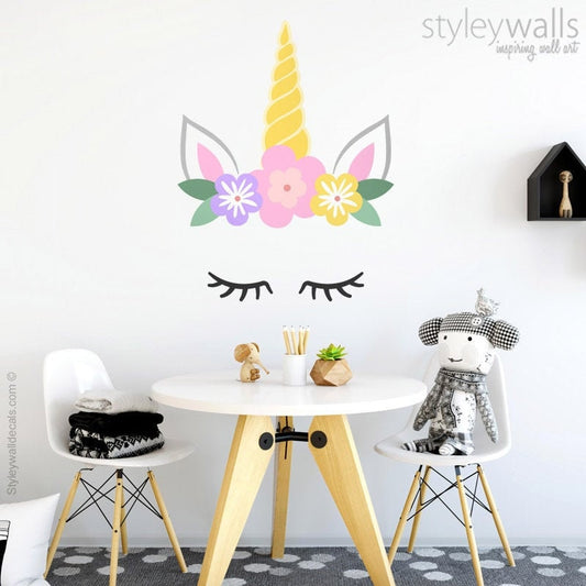Unicorn Wall Decal, Unicorn Wall Sticker, Unicorn Head Wall Decal, Unicorn Horn with Flowers Wall Decal, Unicorn Girls Room Decor Wall Art