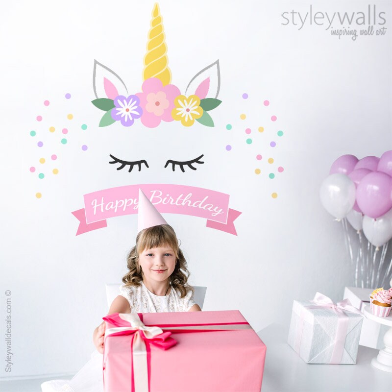 Unicorn Wall Decal, Unicorn Party Decor, Unicorn Birthday Banner, Unicorn Birthday Backdrop Wall Decal, Unicorn Head Confetti Wall Decal