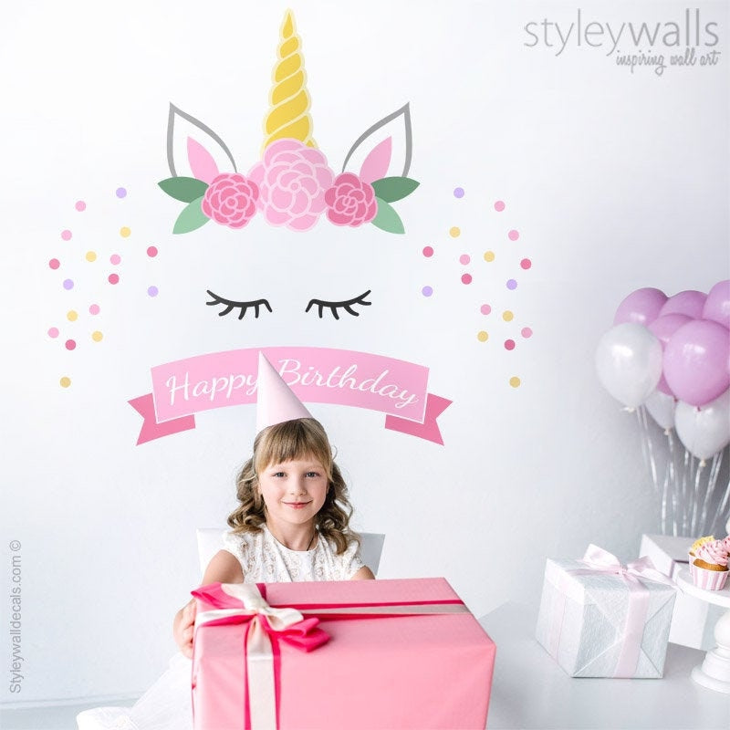 Unicorn Party Wall Decor, Unicorn Birthday Banner Wall Decal, Unicorn Birthday Backdrop Wall Decal, Unicorn Head Confetti Girls Birthday