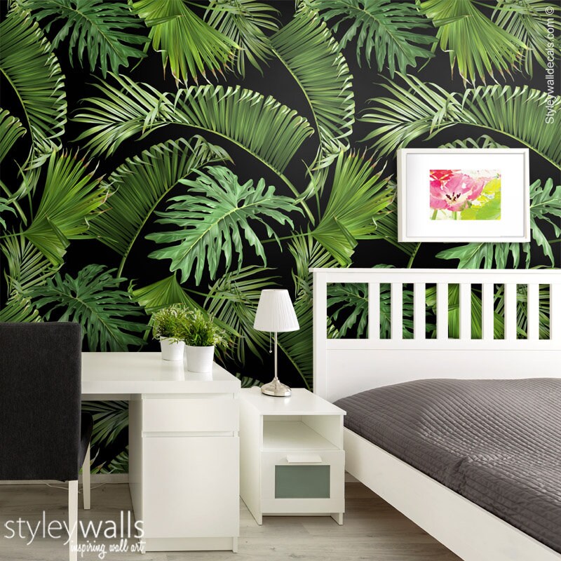 Tropical Leaves Wallpaper, Botanical Tropic Leaves Wallpaper, Green Leaves Mural, Leaf Pattern Wallpaper, Repositionable Fabric Wallpaper