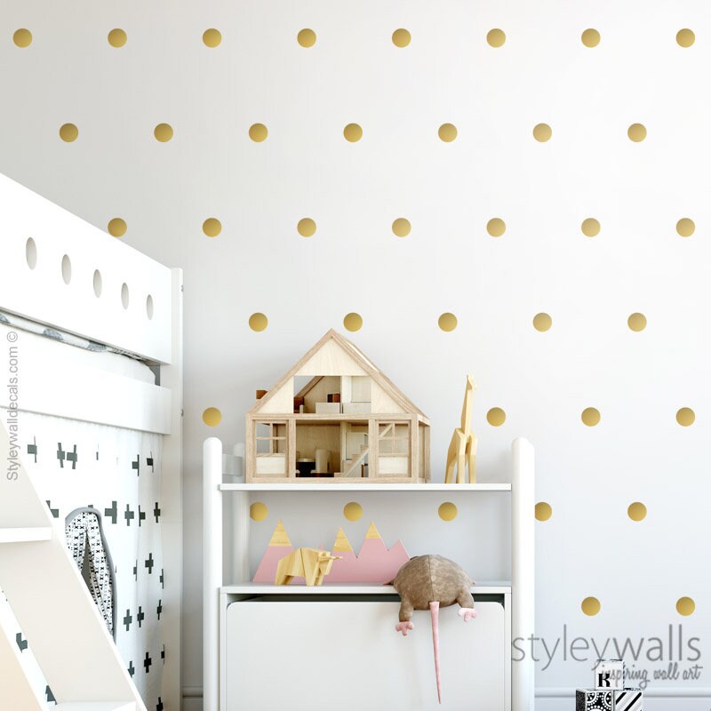 Gold Polka Dots Wall Decal, Golden Confetti Wall Decal, Metallic Gold Polka Dots Pattern Wall Decal, Circles Nursery Kids Room Wall Decals