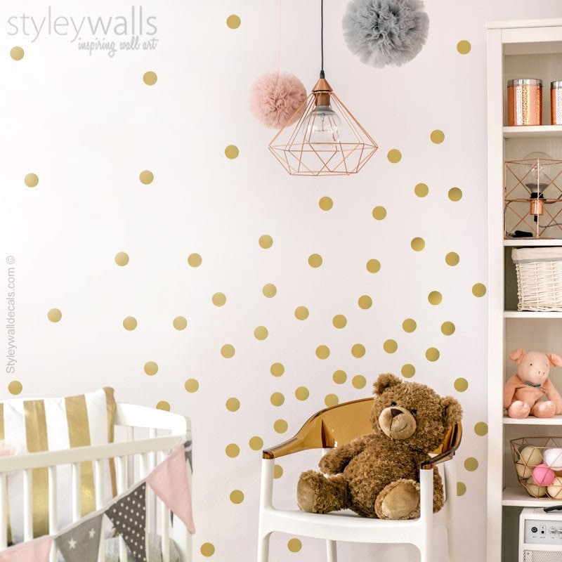 Gold Polka Dots Wall Decal, Golden Confetti Wall Decal, Metallic Gold Polka Dots Pattern Wall Decal, Circles Nursery Kids Room Wall Decals