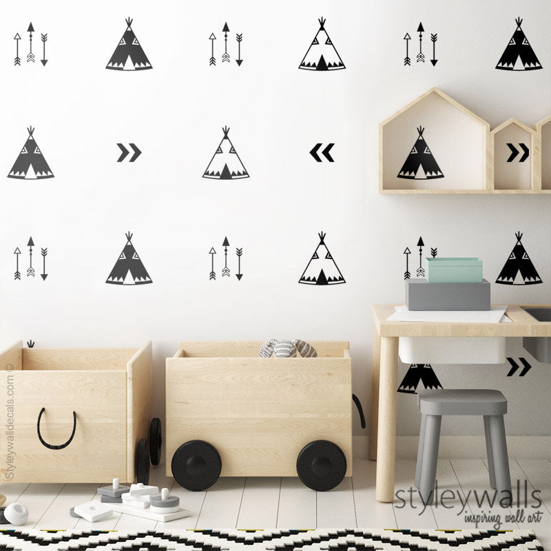 Teepee Wall Decal, Teepee Wall Decor, Teepee Wall Stickers, Arrows Wall Decal, Indian Teepee Room Decor, Tribal Wall Decal, Modern Nursery
