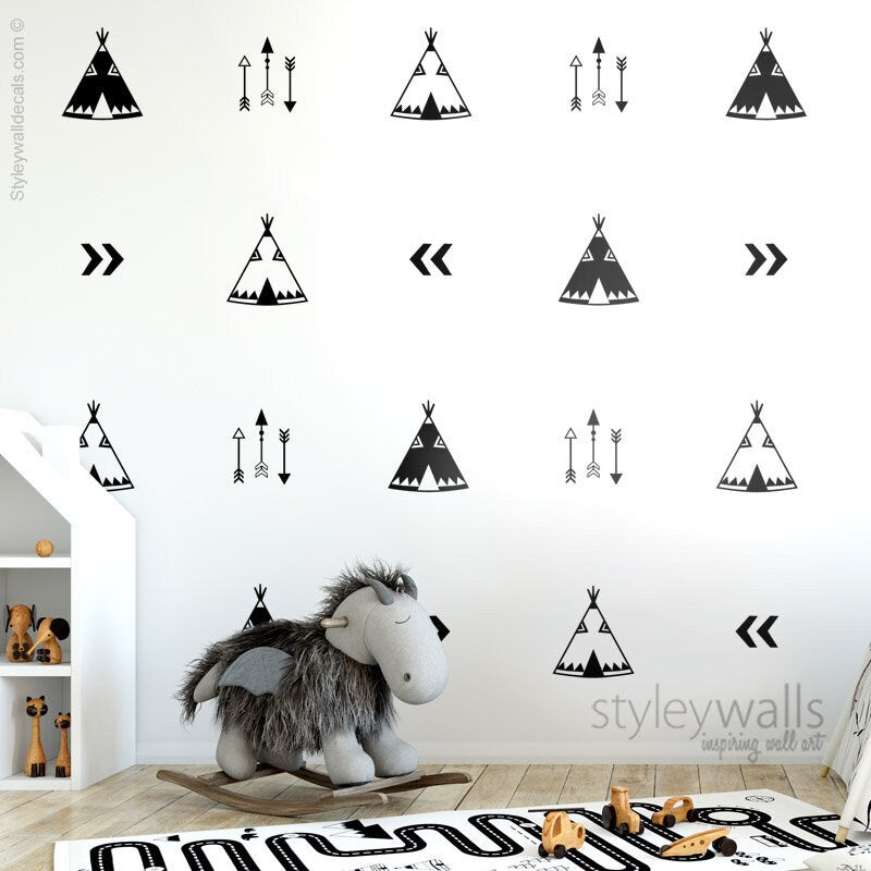 Teepee Wall Decal, Teepee Wall Decor, Teepee Wall Stickers, Arrows Wall Decal, Indian Teepee Room Decor, Tribal Wall Decal, Modern Nursery