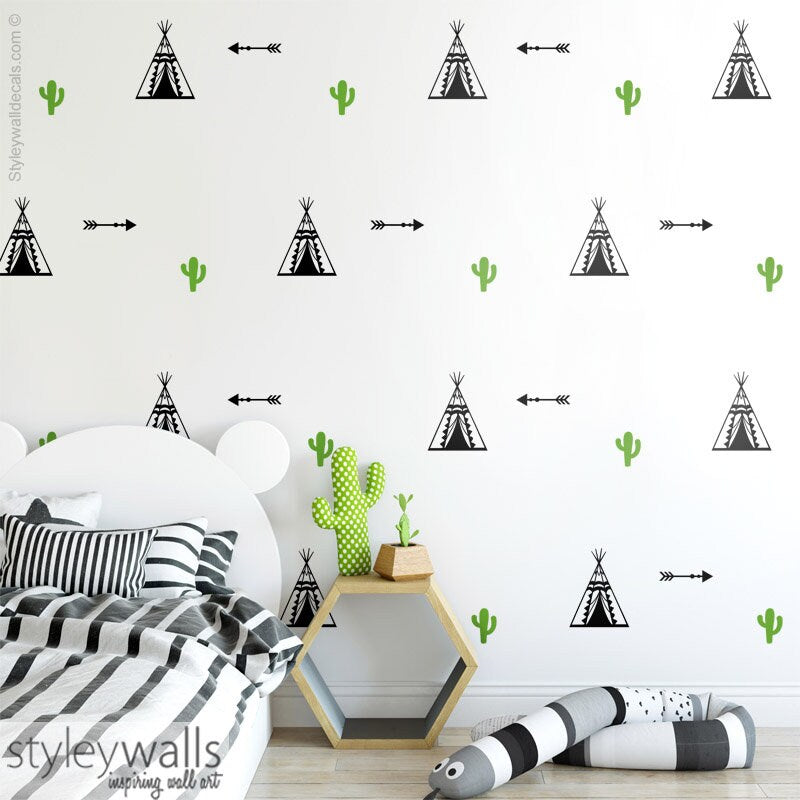 Teepee Wall Decal, Teepee Wall Decor, Tribal Wall Decal, Cactus Wall Stickers, Arrows Wall Decal, Indian Teepee Modern Nursery Room Decor