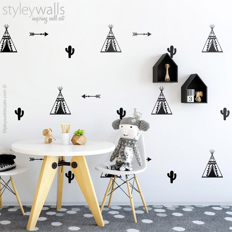 Teepee Wall Decal, Teepee Wall Decor, Tribal Wall Decal, Cactus Wall Stickers, Arrows Wall Decal, Indian Teepee Modern Nursery Room Decor