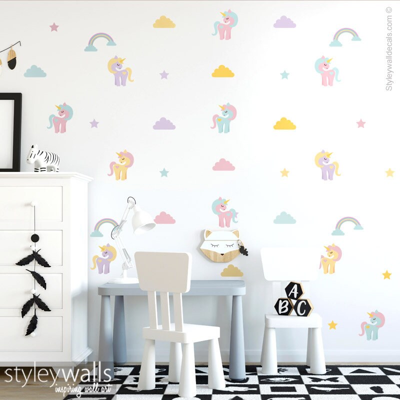 Unicorn Wall Decal, Unicorns Pony Wall Sticker, Unicorns Wall Decor, Clouds Wall Decal, Rainbow Stars Wall Decal, Nursery Kids Room Decals