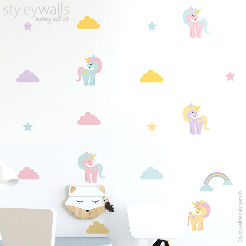 Unicorn Wall Decal, Unicorns Pony Wall Sticker, Unicorns Wall Decor, Clouds Wall Decal, Rainbow Stars Wall Decal, Nursery Kids Room Decals