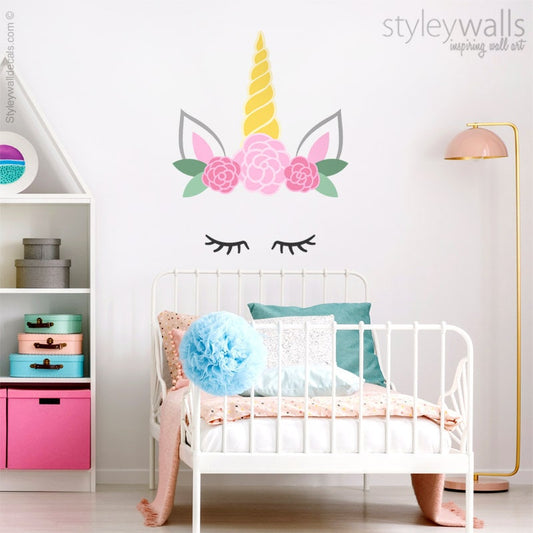 Unicorn Head Wall Decal, Unicorn Wall Sticker, Unicorn Horn with Flowers Wall Decal, Unicorn Pony Face, Unicorn Girls Room Decor Wall Art