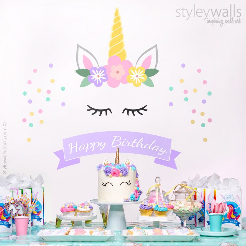 Unicorn Wall Decal, Unicorn Party Decor, Unicorn Birthday Banner, Unicorn Birthday Backdrop Wall Decal, Unicorn Head Confetti Wall Decal
