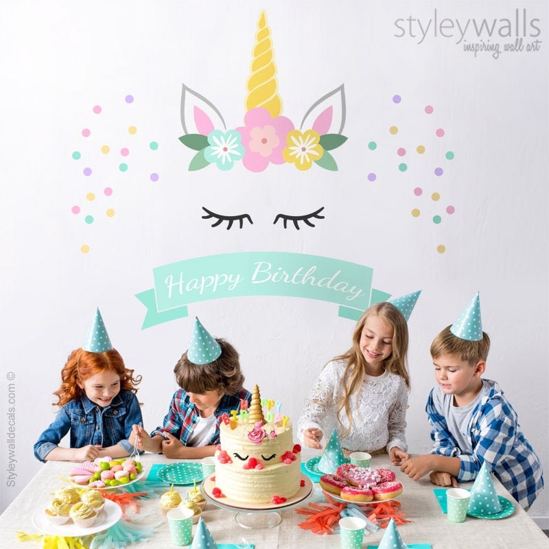 Unicorn Wall Decal, Unicorn Party Decor, Unicorn Birthday Banner, Unicorn Birthday Backdrop Wall Decal, Unicorn Head Confetti Wall Decal