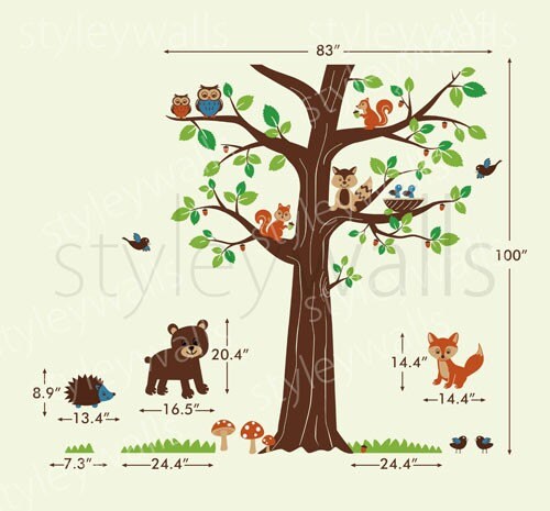 Woodland Animals Wall decal, Woodland Wall Decal,Forest Animals Huge Tree Wall Decal, Nursery Children Baby Room Wall Decal Sticker