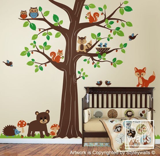 Woodland Animals Wall decal, Woodland Wall Decal,Forest Animals Huge Tree Wall Decal, Nursery Children Baby Room Wall Decal Sticker