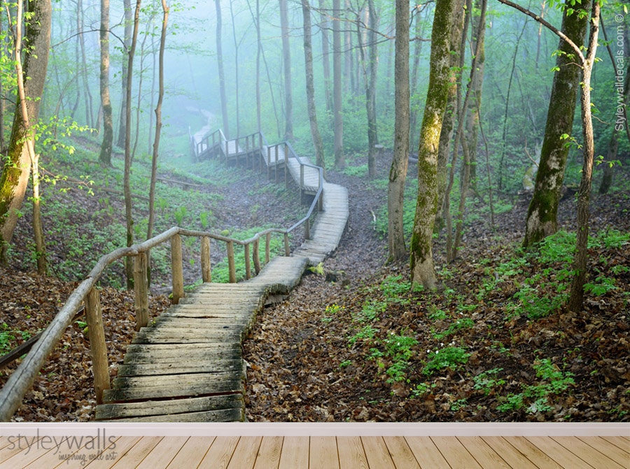 Bridge Mural Wallpaper, Forest Mural, Nature Wall Art, Trees Nature Mist Mural Wallpaper, Repositionable Fabric, Room Decor, Peel and Stick
