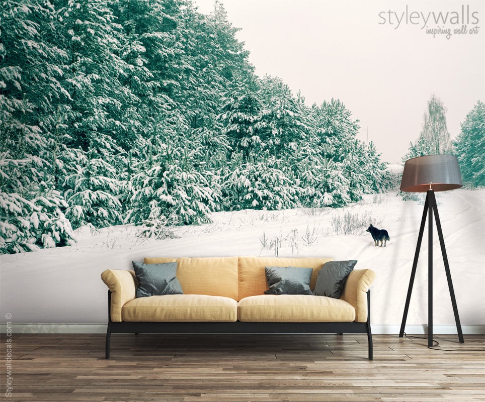 Snow Mural, Pine Trees Mural, Winter Forest Trees Mural, Repositionable Removable Fabric Wallpaper, Room Decor, Peel and Stick Self Adhesive
