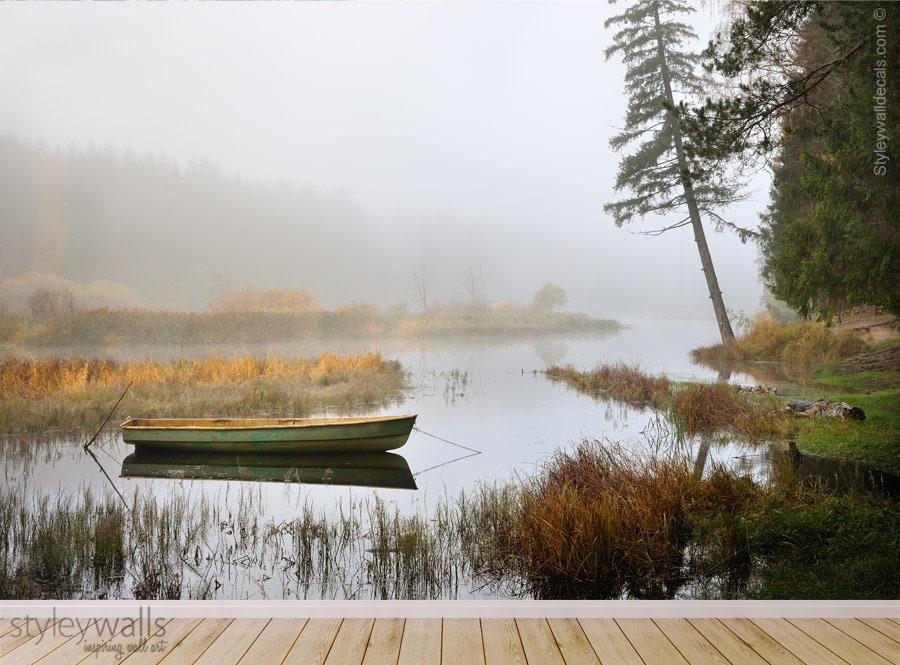 Boat in Lake Mural, Nature Mural, Forest Trees Repositionable Removable Fabric Wallpaper, Room Decor, Peel and Stick, Self Adhesive