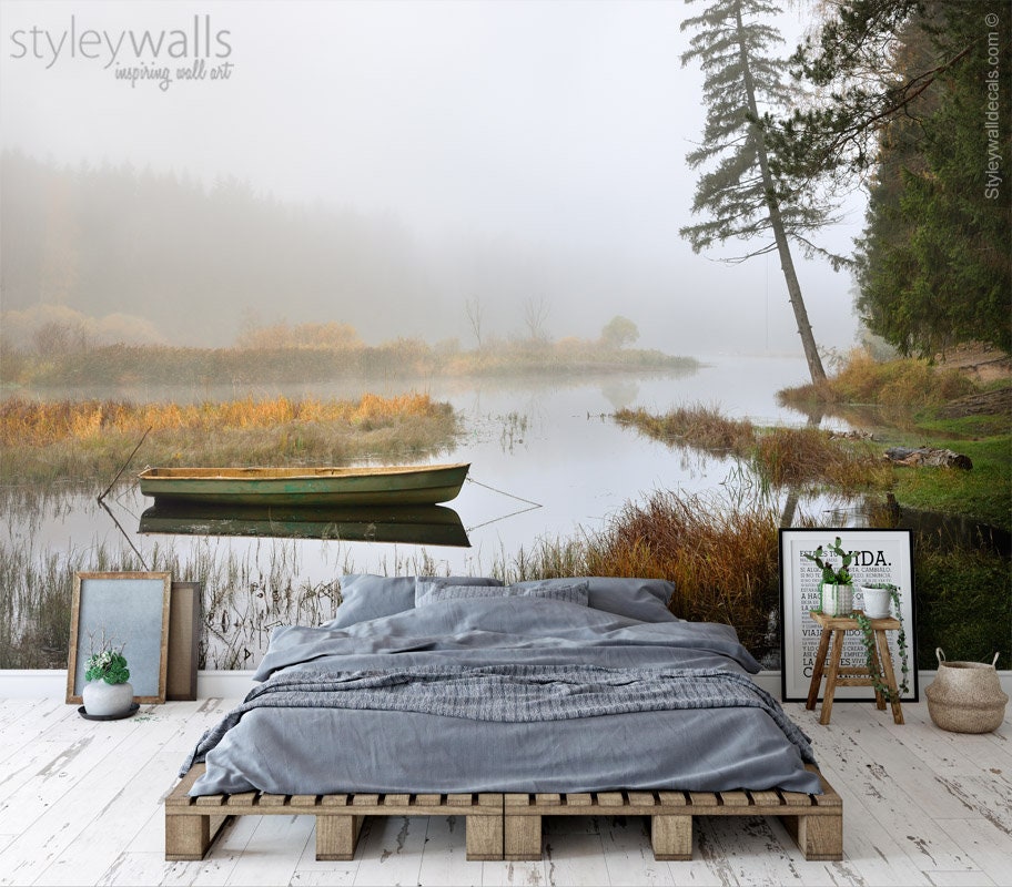 Boat in Lake Mural, Nature Mural, Forest Trees Repositionable Removable Fabric Wallpaper, Room Decor, Peel and Stick, Self Adhesive