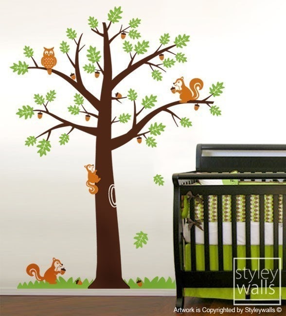 Wandtattoo Waldtiere Baum, Eichhörnchen Eulen Eiche Wandtattoo, Wandtattoo Kinderzimmer Vinyl, Wandtattoo Waldtiere Baum Wandtattoo