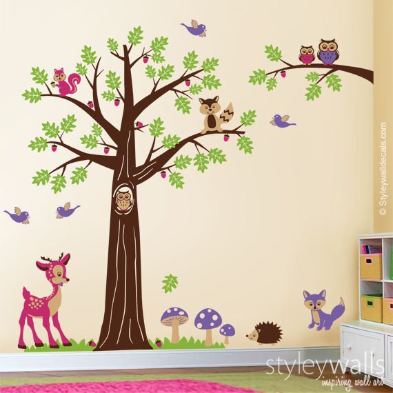 Woodland Tree Animals Wall Decal, Nursery Wall Decal Woodland Forest Animals Bambi Deer Owls Squirrels Raccoon Baby Kids Room Art Decor