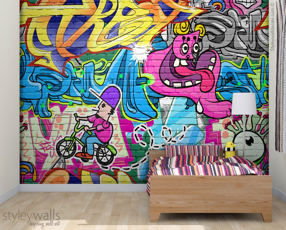 Graffiti Mural, Graffiti Wall Art, Graffiti Wallpaper Mural, Abstract Wall Mural, Teenage Room Decor, Repositionable Removable Fabric