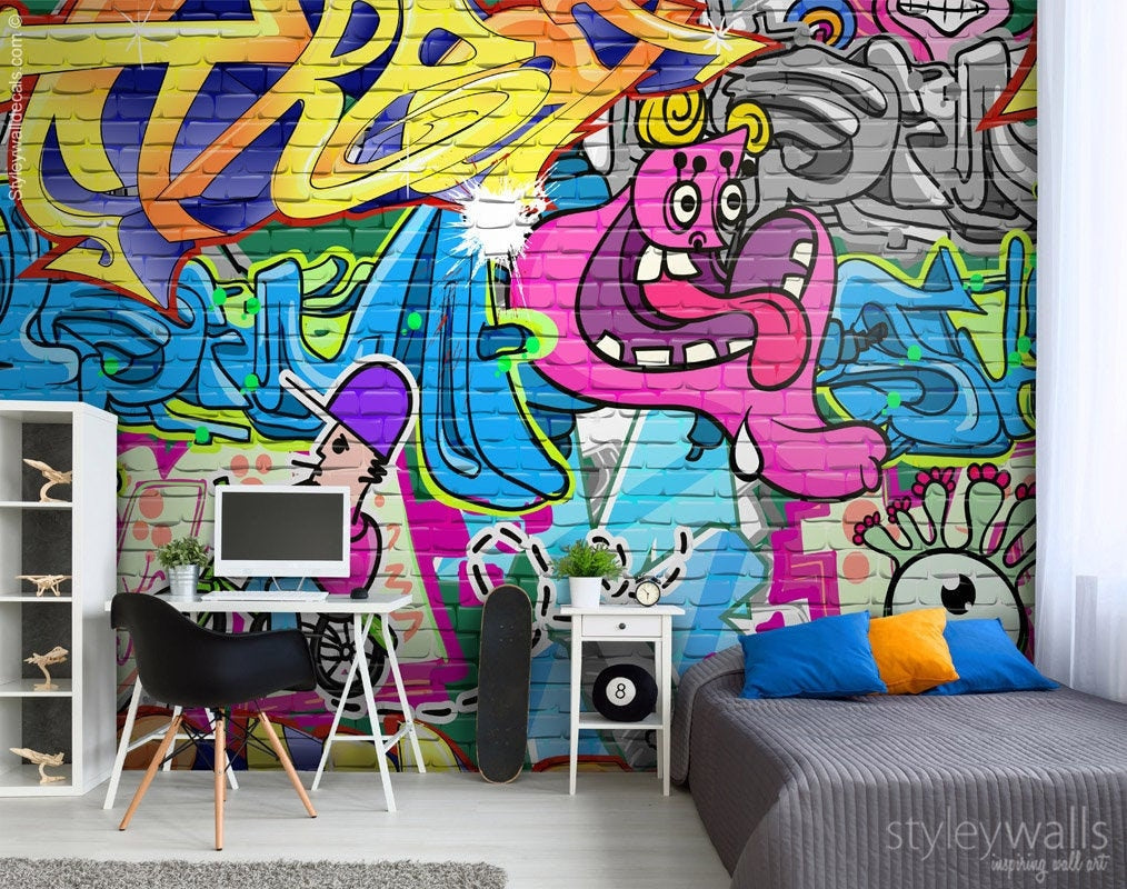 Graffiti Mural, Graffiti Wall Art, Graffiti Wallpaper Mural, Abstract Wall Mural, Teenage Room Decor, Repositionable Removable Fabric
