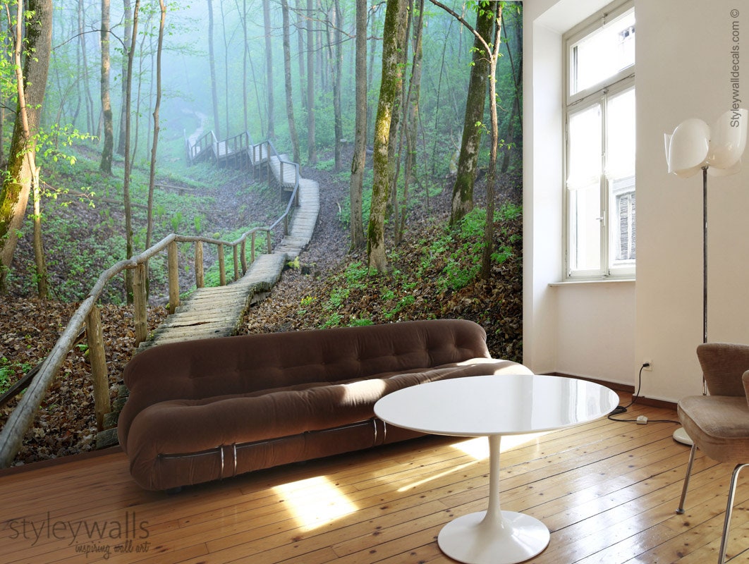 Bridge Mural Wallpaper, Forest Mural, Nature Wall Art, Trees Nature Mist Mural Wallpaper, Repositionable Fabric, Room Decor, Peel and Stick