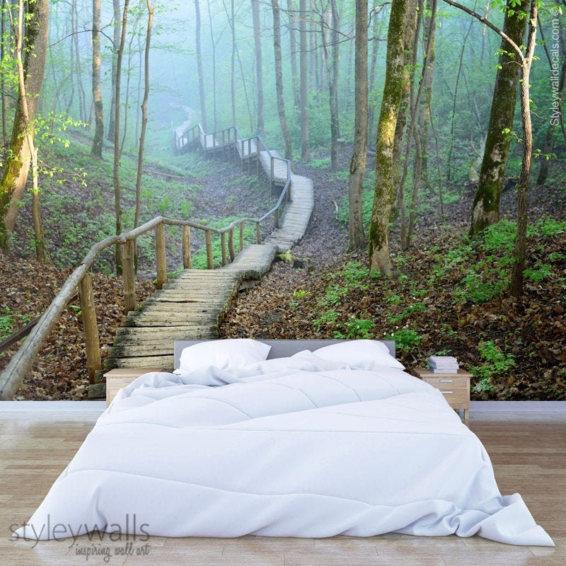 Bridge Mural Wallpaper, Forest Mural, Nature Wall Art, Trees Nature Mist Mural Wallpaper, Repositionable Fabric, Room Decor, Peel and Stick