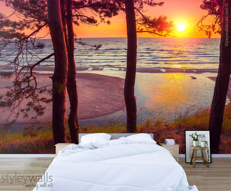 Trees Mural Wallpaper, Sunset Beach Mural, Nature Wall Art, Beach Tropic Mural Wallpaper, Repositionable Fabric, Room Decor, Peel and Stick