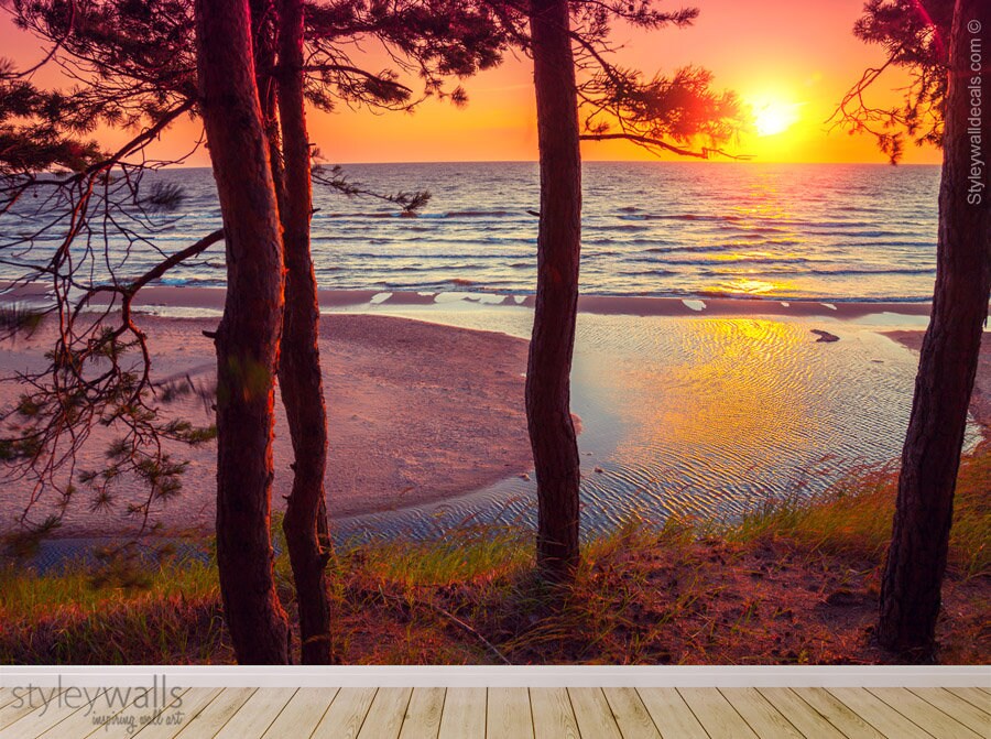 Trees Mural Wallpaper, Sunset Beach Mural, Nature Wall Art, Beach Tropic Mural Wallpaper, Repositionable Fabric, Room Decor, Peel and Stick