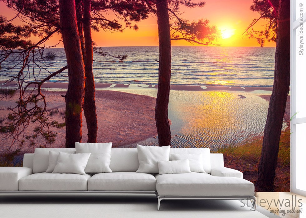 Trees Mural Wallpaper, Sunset Beach Mural, Nature Wall Art, Beach Tropic Mural Wallpaper, Repositionable Fabric, Room Decor, Peel and Stick