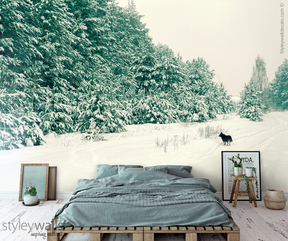 Snow Mural, Pine Trees Mural, Winter Forest Trees Mural, Repositionable Removable Fabric Wallpaper, Room Decor, Peel and Stick Self Adhesive