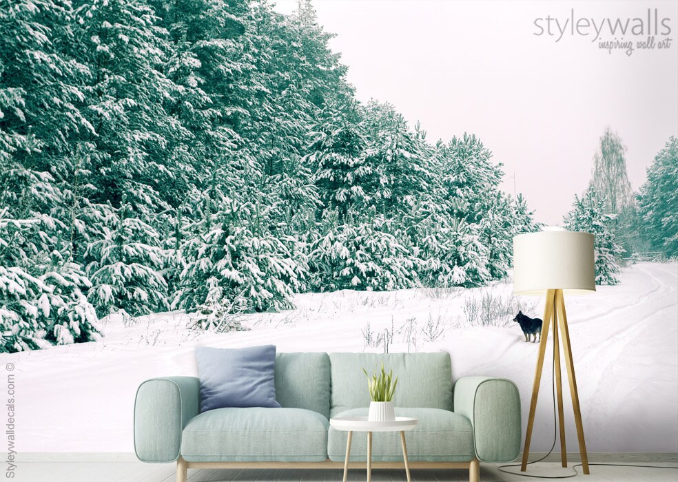 Snow Mural, Pine Trees Mural, Winter Forest Trees Mural, Repositionable Removable Fabric Wallpaper, Room Decor, Peel and Stick Self Adhesive