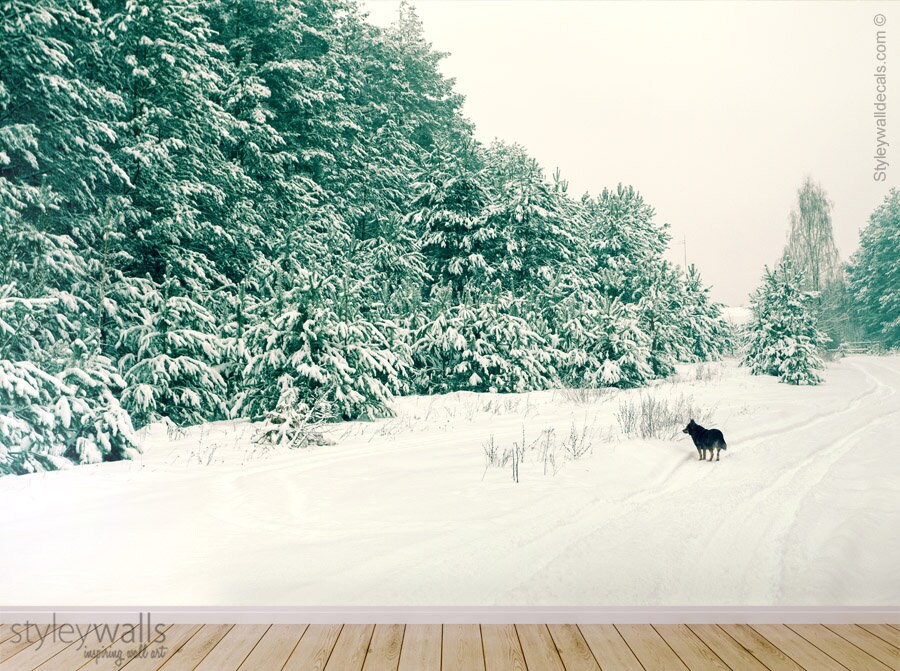 Snow Mural, Pine Trees Mural, Winter Forest Trees Mural, Repositionable Removable Fabric Wallpaper, Room Decor, Peel and Stick Self Adhesive