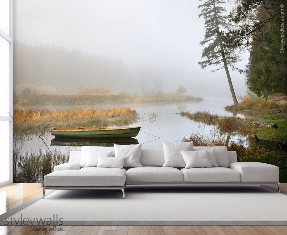 Boat in Lake Mural, Nature Mural, Forest Trees Repositionable Removable Fabric Wallpaper, Room Decor, Peel and Stick, Self Adhesive