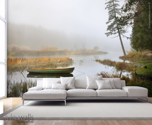Boat in Lake Mural, Nature Mural, Forest Trees Repositionable Removable Fabric Wallpaper, Room Decor, Peel and Stick, Self Adhesive
