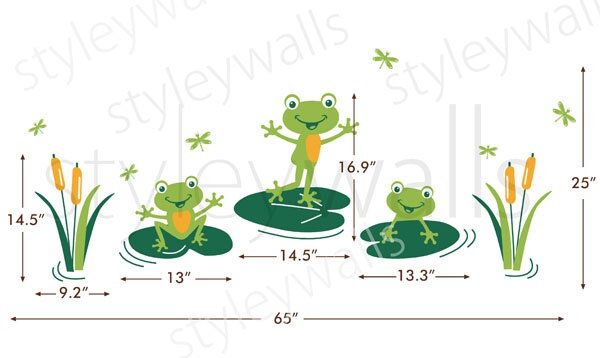 Frogs Wall Decal, Bathroom Wall Decal, Frogs Wall Sticker, Froggy Friends and Dragonflies, Nursery Vinyl Wall Decal, Frogs Kids Room Decor