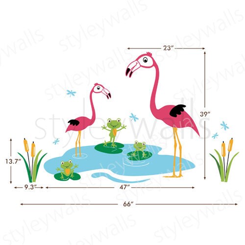 Flamingos Wall Decal, Flamingos Frogs and Dragonflies Wall Decal, Flamingos Froggies Dragonflies Nursery Sticker, Flamingos Bathroom Decal