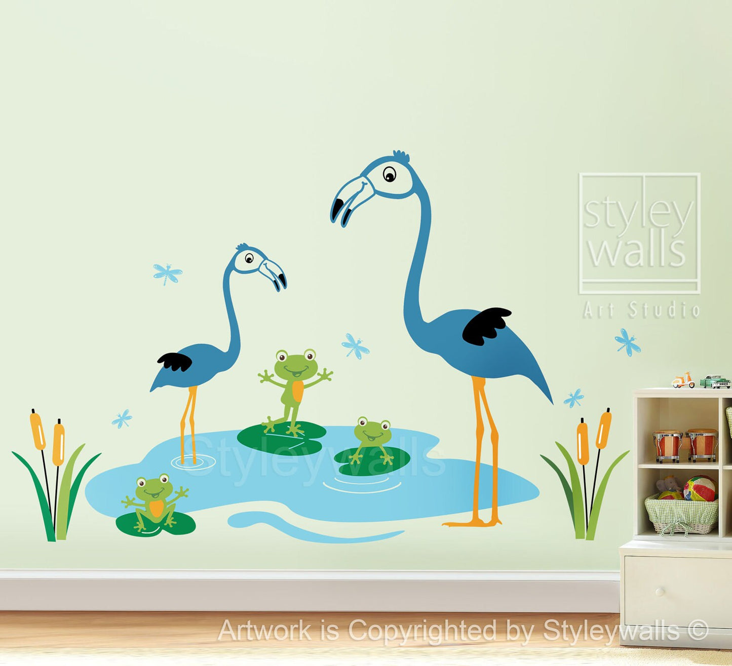 Flamingos Wall Decal, Flamingos Frogs and Dragonflies Wall Decal, Flamingos Froggies Dragonflies Nursery Sticker, Flamingos Bathroom Decal