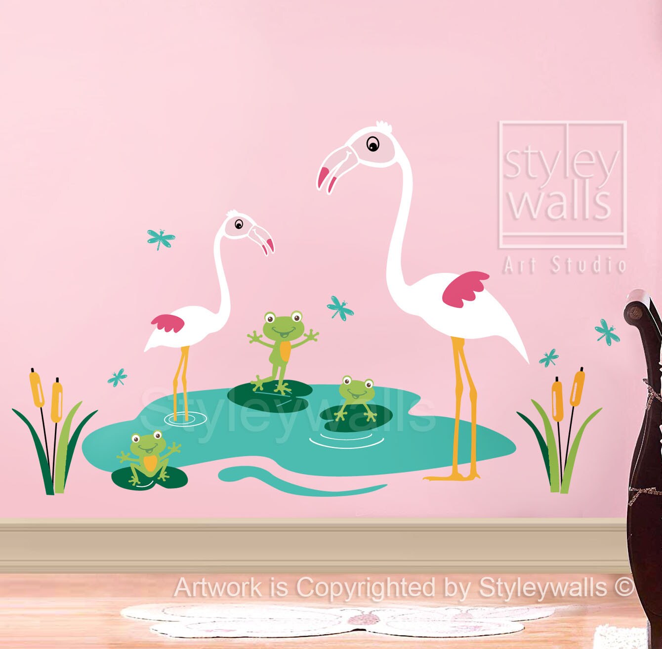 Flamingos Wall Decal, Flamingos Frogs and Dragonflies Wall Decal, Flamingos Froggies Dragonflies Nursery Sticker, Flamingos Bathroom Decal