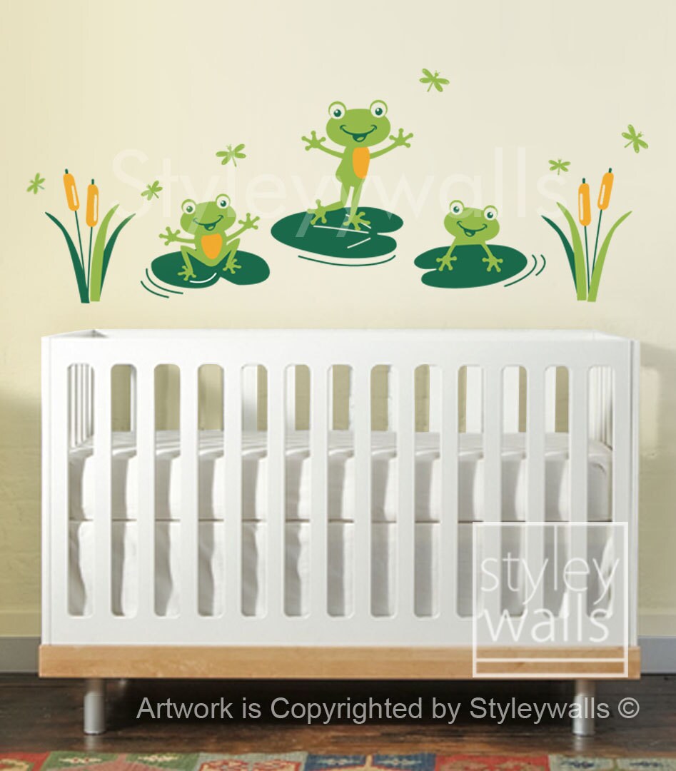 Frogs Wall Decal, Bathroom Wall Decal, Frogs Wall Sticker, Froggy Friends and Dragonflies, Nursery Vinyl Wall Decal, Frogs Kids Room Decor