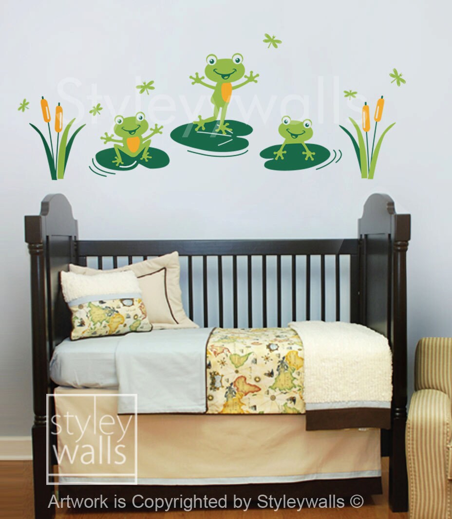 Frogs Wall Decal, Bathroom Wall Decal, Frogs Wall Sticker, Froggy Friends and Dragonflies, Nursery Vinyl Wall Decal, Frogs Kids Room Decor