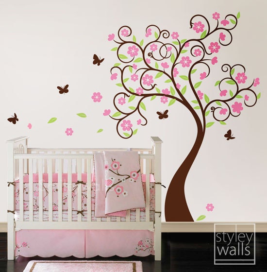 Cherry Blossom Tree Wall Decal, Flower Tree Wall Decal, Curly Flower Tree Butterflies for Kids Children Room and Nursery Wall Decal Sticker