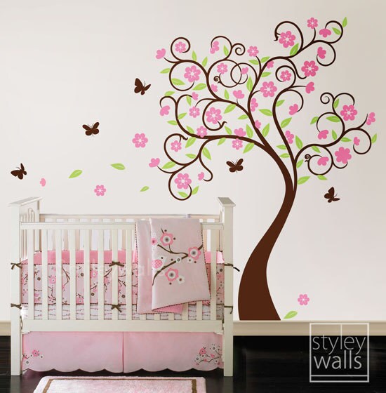 Cherry Blossom Tree Wall Decal, Tree Wall Decal Sticker, Flowers Tree Wall Decal, Curly Flower Tree and Butterflies Kids Children Nursery