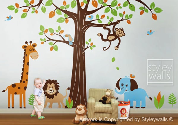 Autocollant mural Jungle Autocollant mural Animaux Safari ÉNORME Ensemble Autocollant mural Arbre - Lion Éléphant Singe Girafe Autocollant pour chambre d'enfant Art pour chambre de bébé